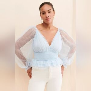 Francesca's Alene Tulle Swiss Dot Peplum Blouse Sheer Ruffled Baby Doll Blue